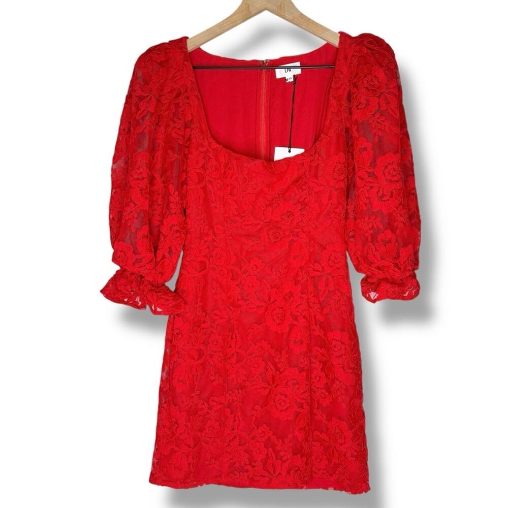 NWT Revolve LPA Tonia Dress Red Floral Lace Overlay Puff Sleeve size XXS